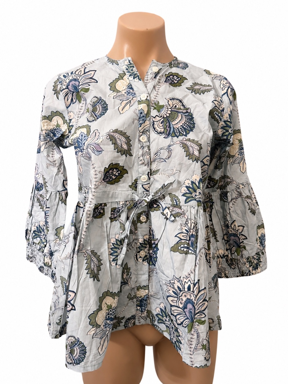 Marigold Victoria Dunn Button Front Top Blue Charleston Large Tie Smocked